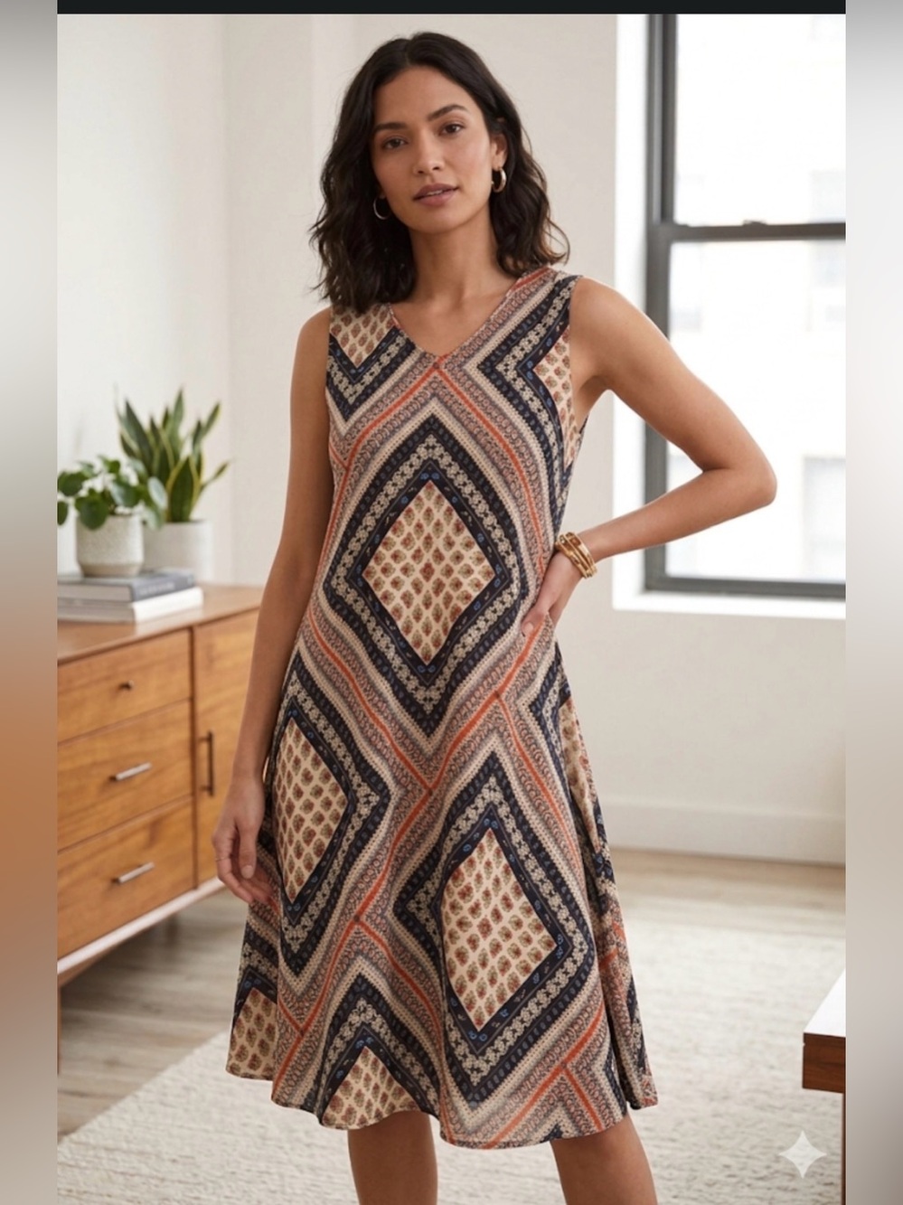 Highness Sleeveless dress in Cream, Navy & Orange Size one